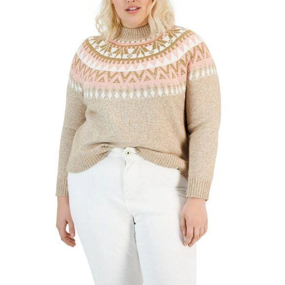 TOMMY HILFIGER Womens Pullover Sweater 1X Tan Pink Knit Metallic Fairisle NWT - Picture 1 of 11